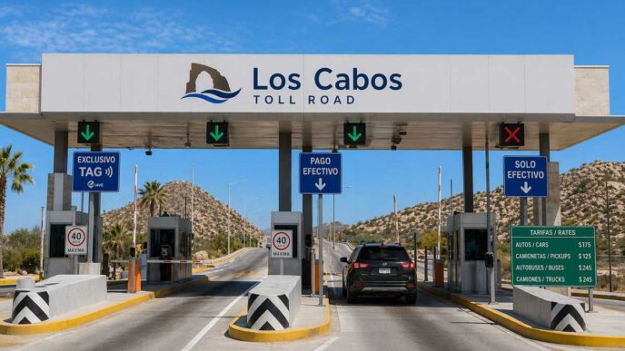 Toll booth lane at Los Cabos Toll Road with green downward arrows and a black SUV approaching the gate, desert hills in the background.