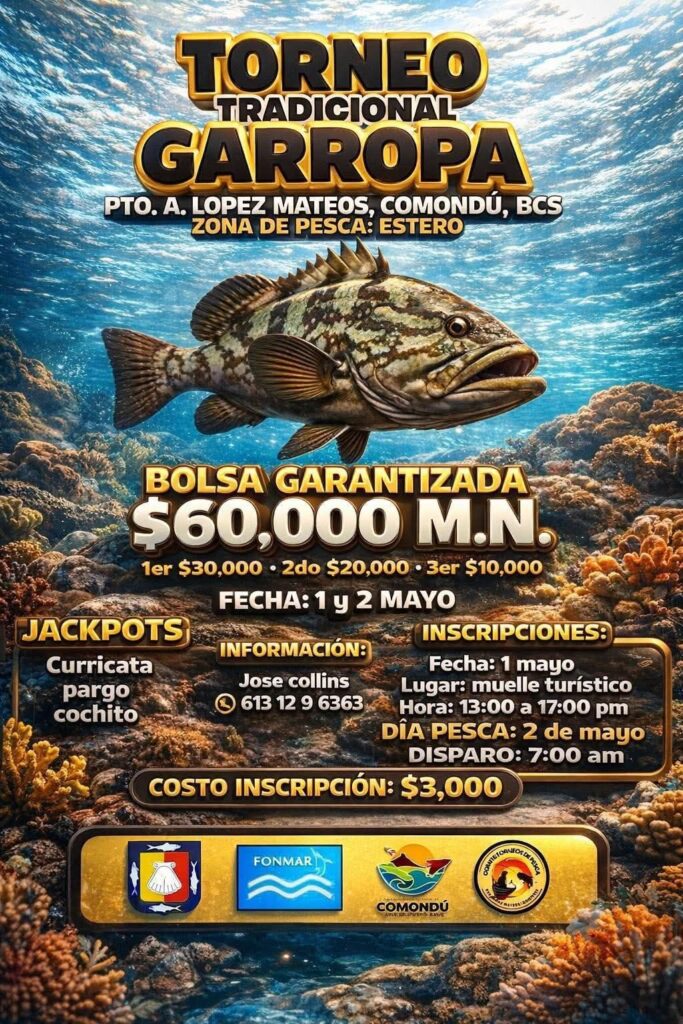 Cartel de torneo de pesca tradicional con pez grande y premios de $60,000, anunciando fecha y requisitos de inscripción (1–2 mayo).