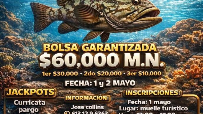 Cartel de torneo de pesca tradicional con pez grande y premios de $60,000, anunciando fecha y requisitos de inscripción (1–2 mayo).