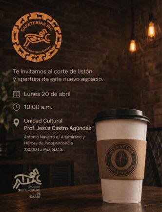Cartel promocional en español anunciando la apertura de un nuevo espacio cultural, con una taza de café en primer plano y logotipos institucionales.