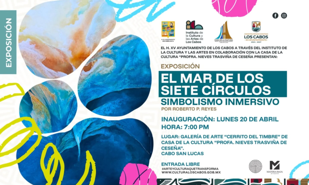 Poster for the 'El Mar de los Siete Círculos' immersive art exhibition with abstract blue circular shapes and sponsor logos.