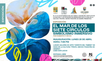 Poster for the 'El Mar de los Siete Círculos' immersive art exhibition with abstract blue circular shapes and sponsor logos.