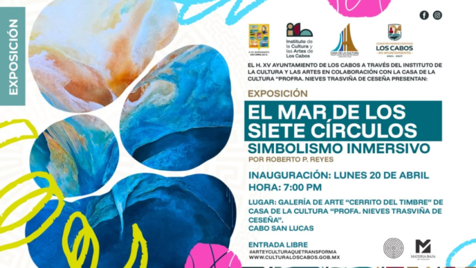 Poster for the 'El Mar de los Siete Círculos' immersive art exhibition with abstract blue circular shapes and sponsor logos.