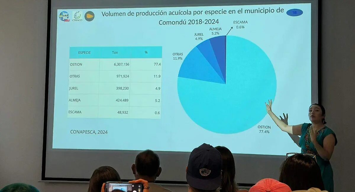 Presentación sobre volumen de producción acuícola en Comondú 2018‑2024; ostión 77.4%, otras 11.9%, jurel 4.9%, almeja 5.2%, escama 0.6% (gráfico y tabla).