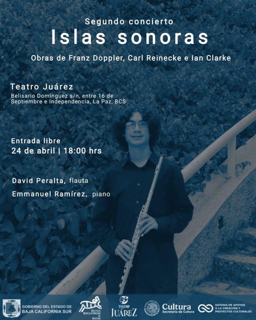 Poster publicitario del concierto 'Islas sonoras' con músico sosteniendo una flauta, tono azul y logos en la parte inferior.