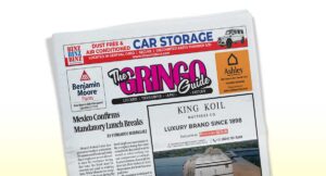Front page of The Gringo Guide newspaper with a bold pink masthead and ads for car storage, King Koil mattresses, and Benjamin Moore paints.