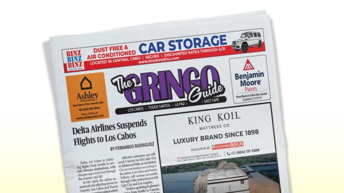 Tilted newspaper front page showing 'The Gringo Guide' masthead with ads and a Delta Airlines article headline reading 'Delta Airlines Suspends Flights to Los Cabos'
