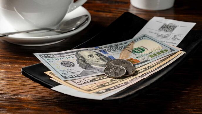 Open wallet on a wooden table with $100 bills and coins, beside a coffee cup and a receipt behind it.