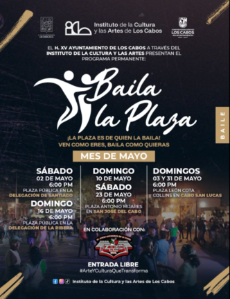 Cartel promocional de 'Baila la Plaza' con fechas y sedes de mayo para sábados y domingos (entrada libre).