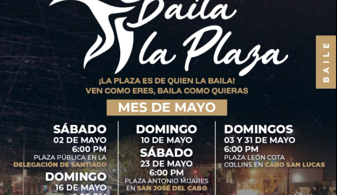Cartel promocional de 'Baila la Plaza' con fechas y sedes de mayo para sábados y domingos (entrada libre).