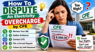 Frustrated woman holds an electricity bill showing $8,560, standing near a CFE building with a five-step guide to disputing overcharges.
