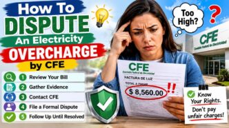 Frustrated woman holds an electricity bill showing $8,560, standing near a CFE building with a five-step guide to disputing overcharges.