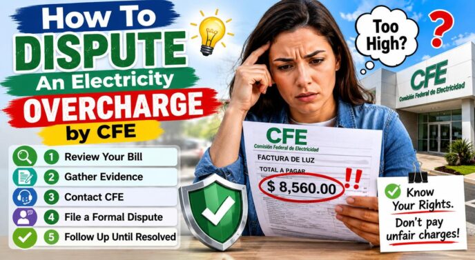 Frustrated woman holds an electricity bill showing $8,560, standing near a CFE building with a five-step guide to disputing overcharges.