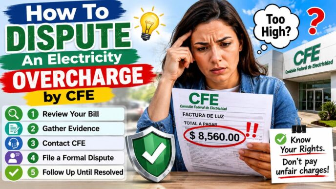 Frustrated woman holds an electricity bill showing $8,560, standing near a CFE building with a five-step guide to disputing overcharges.