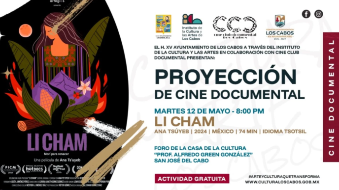 Poster for a free documentary film screening: LI CHAM, May 12 at 8:00 PM, in San José del Cabo.