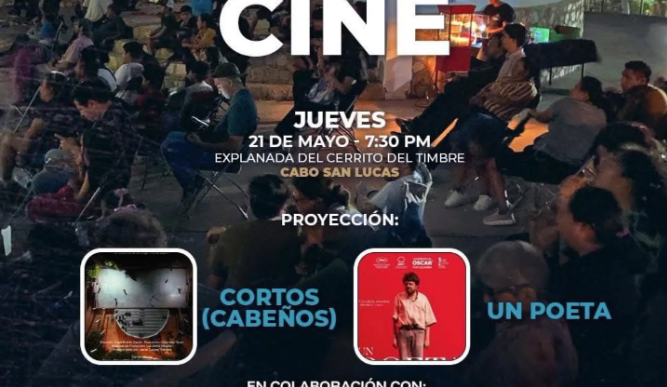 Póster promocional de cine al aire libre en Cabo San Lucas, con el título CINE y detalles del evento (fecha, hora y lugar).