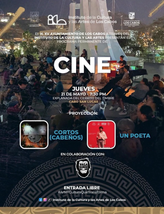Póster promocional de cine al aire libre en Cabo San Lucas, con el título CINE y detalles del evento (fecha, hora y lugar).