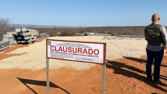 Open desert construction site with a large 'CLAUSURADO' sign; piles of metal beams and gravel on the ground, a man in a vest standing to the right.