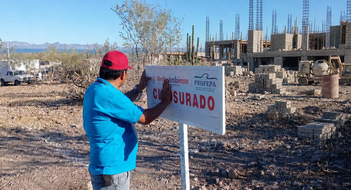 Man in a blue shirt and red cap posts a 'CERRADO' sign at an unfinished construction site under a clear blue sky.