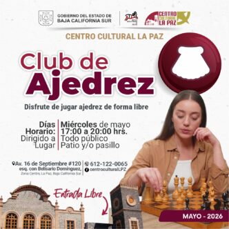 Cartel del Centro Cultural La Paz anunciando el Club de Ajedrez: juego libre los miércoles de 17:00 a 20:00 con entrada libre (Mayo 2026).