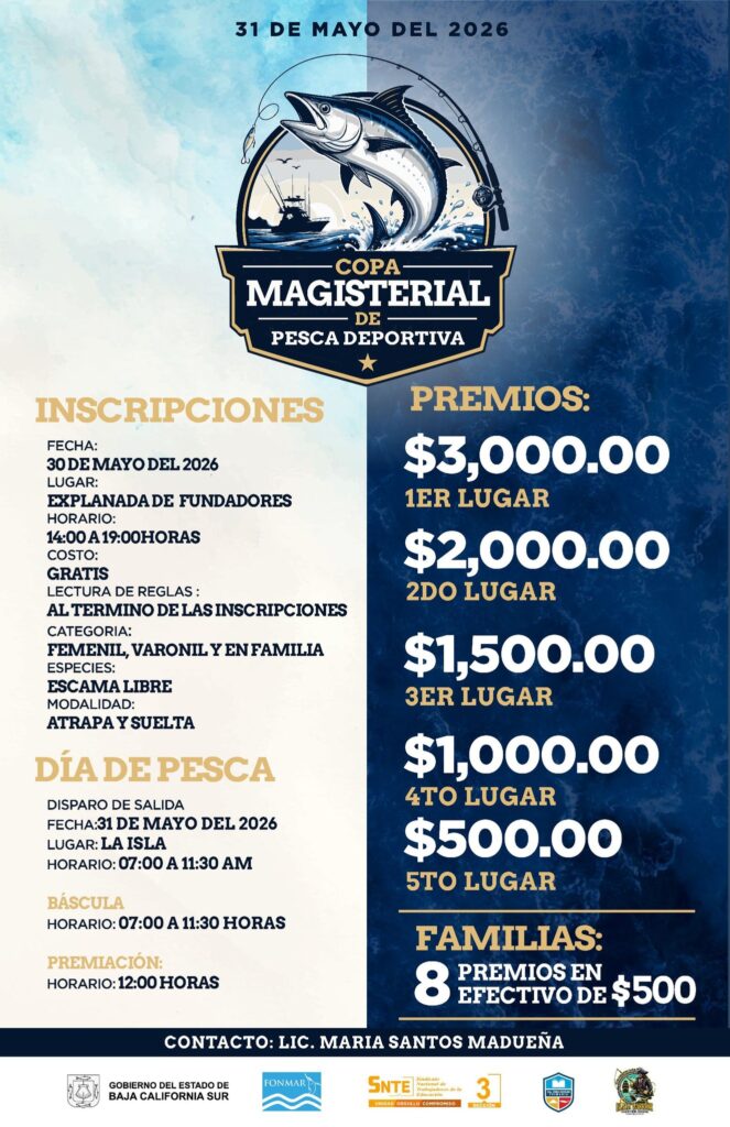 Poster anunciando la Copa Magisterial de Pesca Deportiva con fecha 31 de mayo de 2026; contiene inscripciones y premios en la columna derecha.