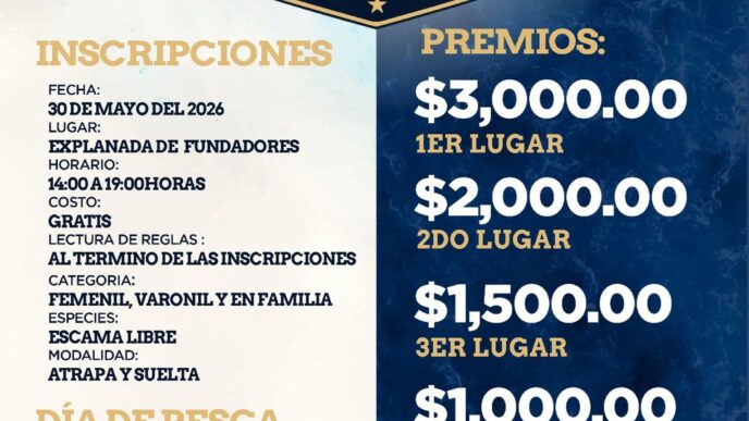 Poster anunciando la Copa Magisterial de Pesca Deportiva con fecha 31 de mayo de 2026; contiene inscripciones y premios en la columna derecha.