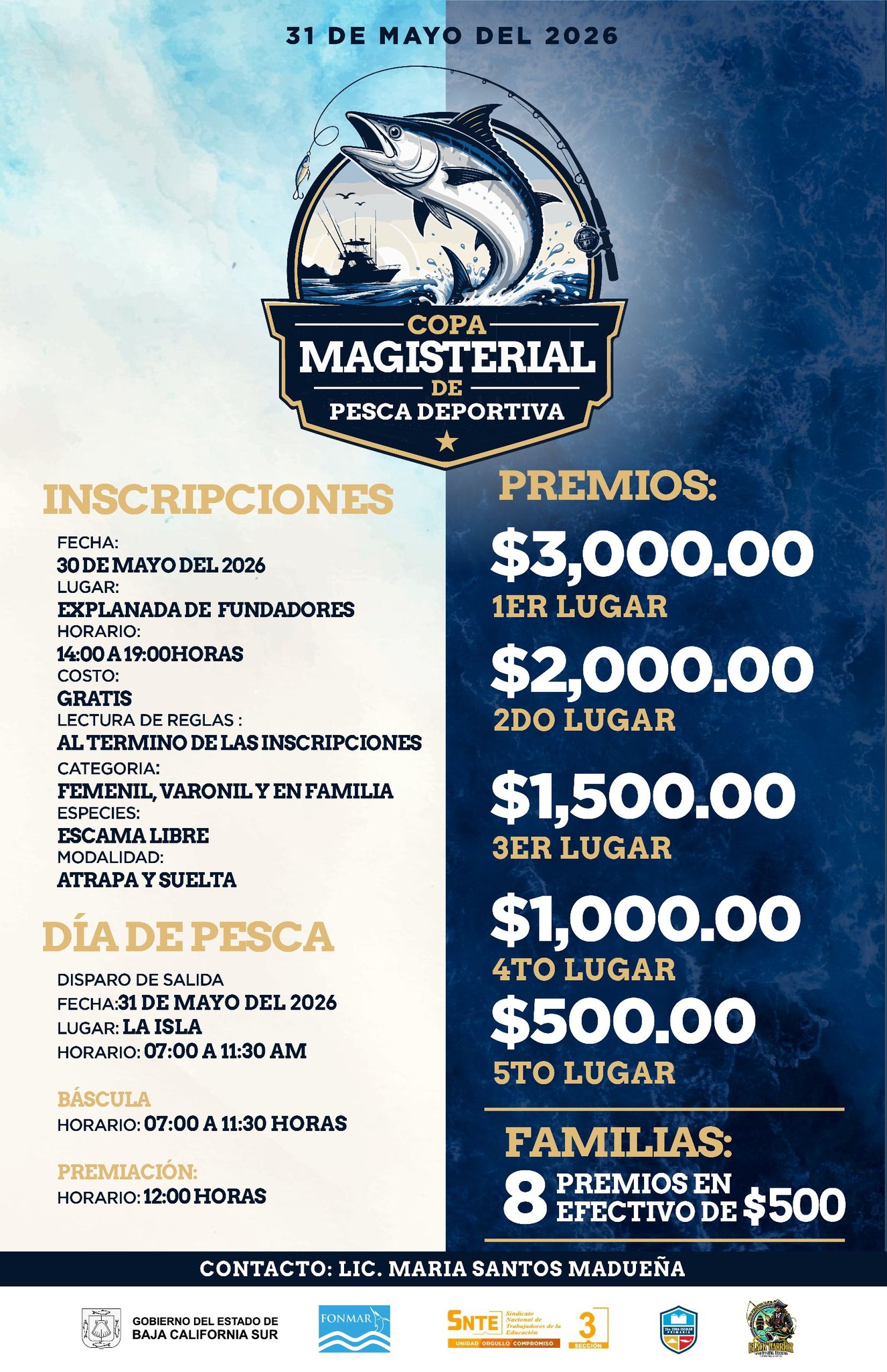Poster anunciando la Copa Magisterial de Pesca Deportiva con fecha 31 de mayo de 2026; contiene inscripciones y premios en la columna derecha.