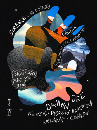 Vibrant abstract collage poster on black background promoting a concert, with handwritten band names and a date (Saturday May 30, 9 PM).