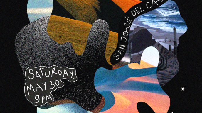 Vibrant abstract collage poster on black background promoting a concert, with handwritten band names and a date (Saturday May 30, 9 PM).