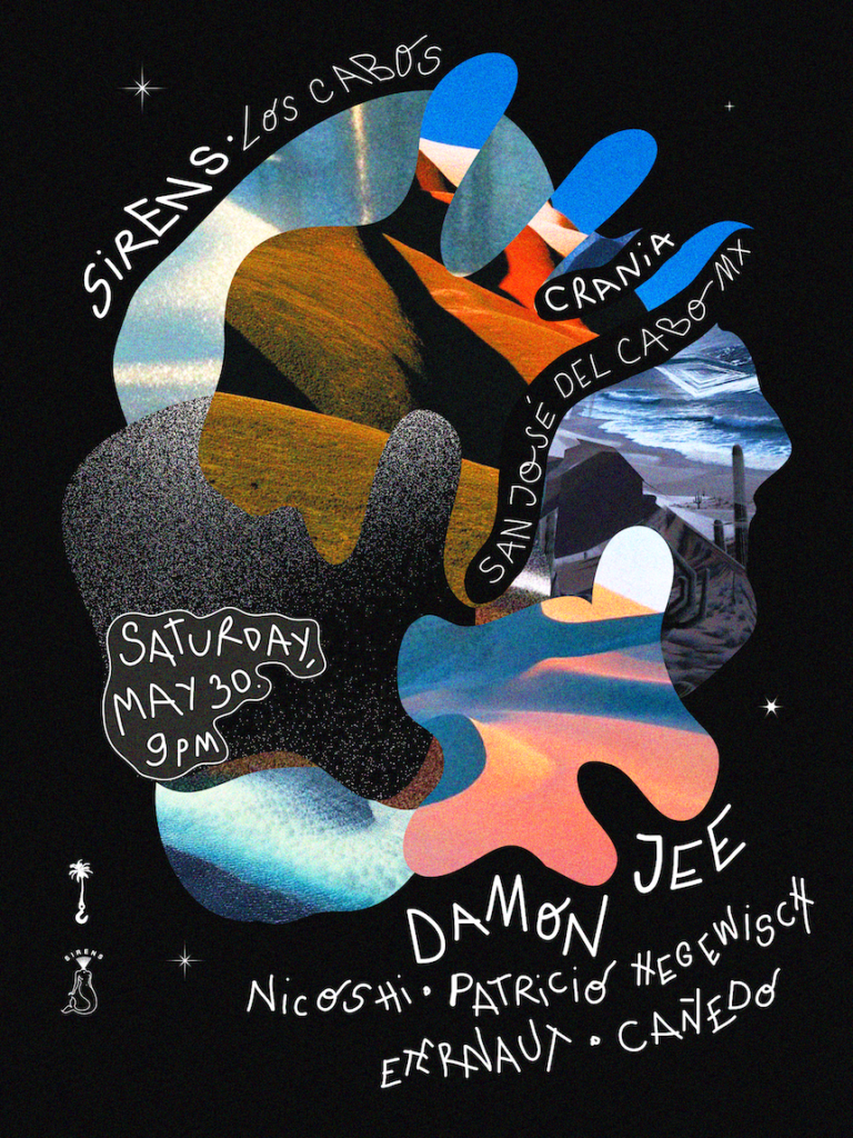 Vibrant abstract collage poster on black background promoting a concert, with handwritten band names and a date (Saturday May 30, 9 PM).