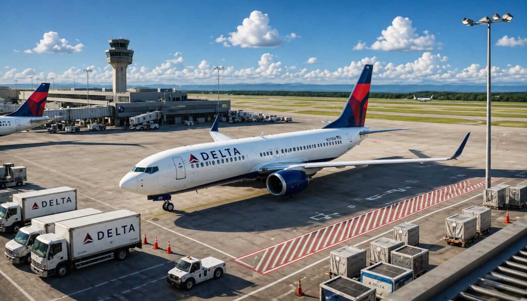 Delta airplane parked at a gate with jet bridge attached, ground vehicles nearby and a control tower in the distance.