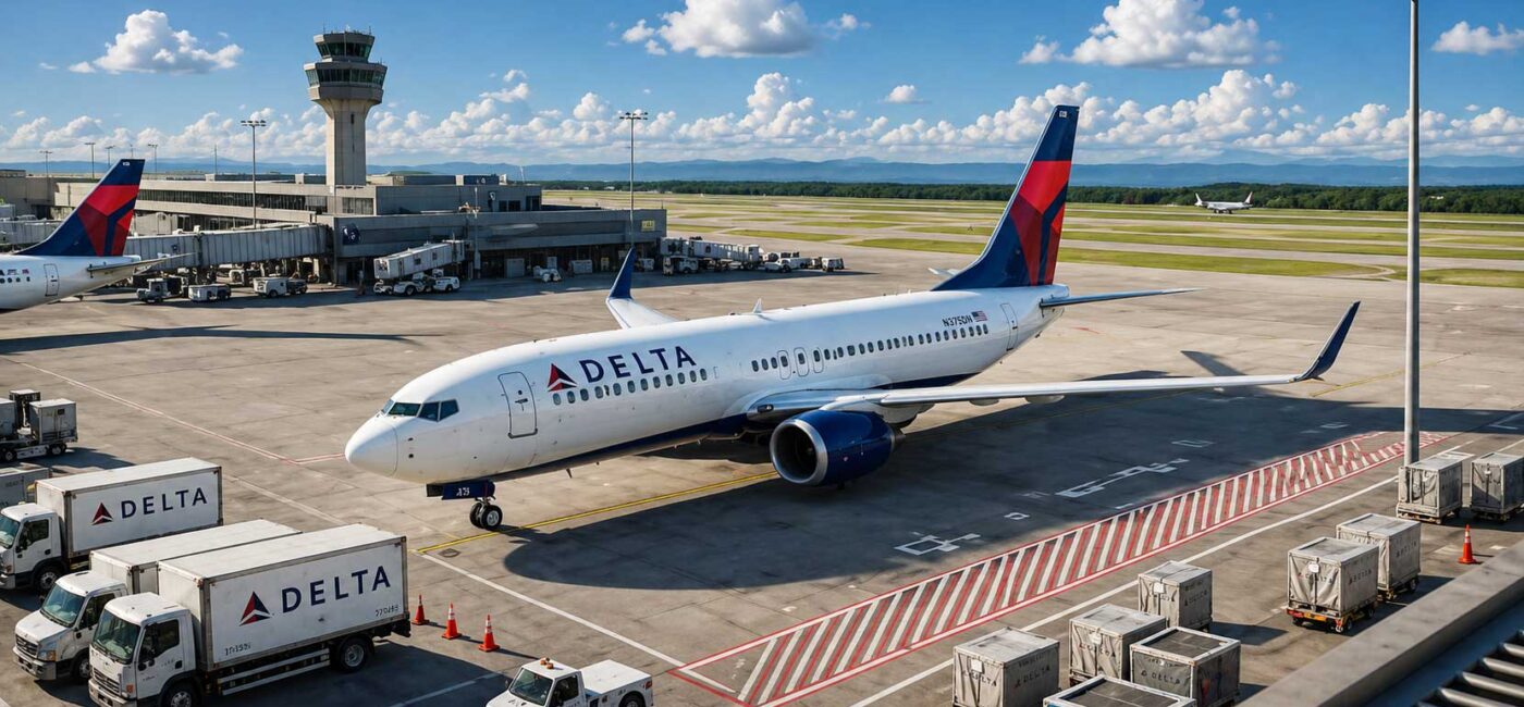 Delta airplane parked at a gate with jet bridge attached, ground vehicles nearby and a control tower in the distance.