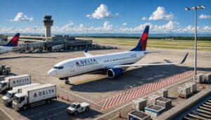 Delta airplane parked at a gate with jet bridge attached, ground vehicles nearby and a control tower in the distance.