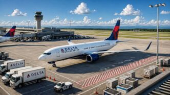 Delta airplane parked at a gate with jet bridge attached, ground vehicles nearby and a control tower in the distance.
