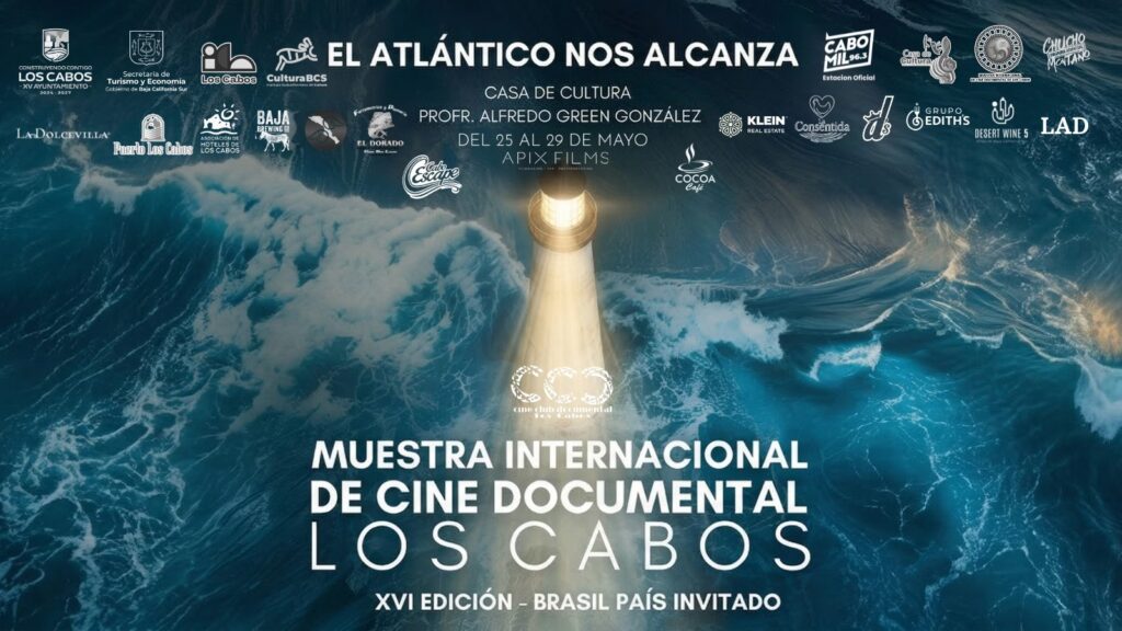 El atlantico nos alcanza - Gringo Gazette Poster for Muestra Internacional de Cine Documental Los Cabos, showing a lighthouse beam over a rough ocean with sponsor logos across the top.