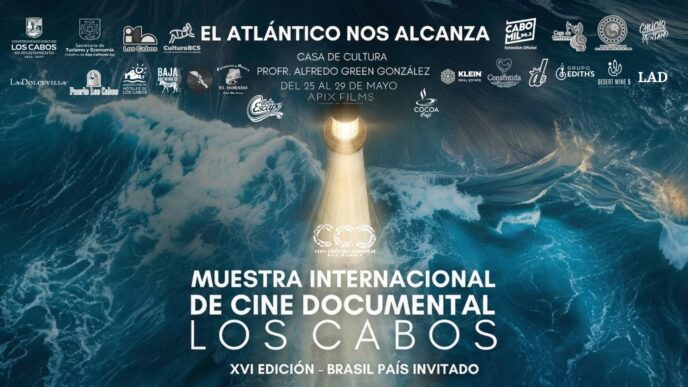 Poster for Muestra Internacional de Cine Documental Los Cabos, showing a lighthouse beam over a rough ocean with sponsor logos across the top.