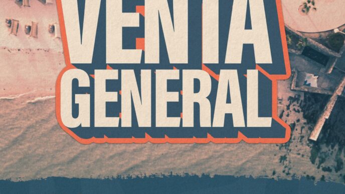 Poster for a festival reads 'Comienza Venta General' with date 'Mayo 16' and logos along the bottom.