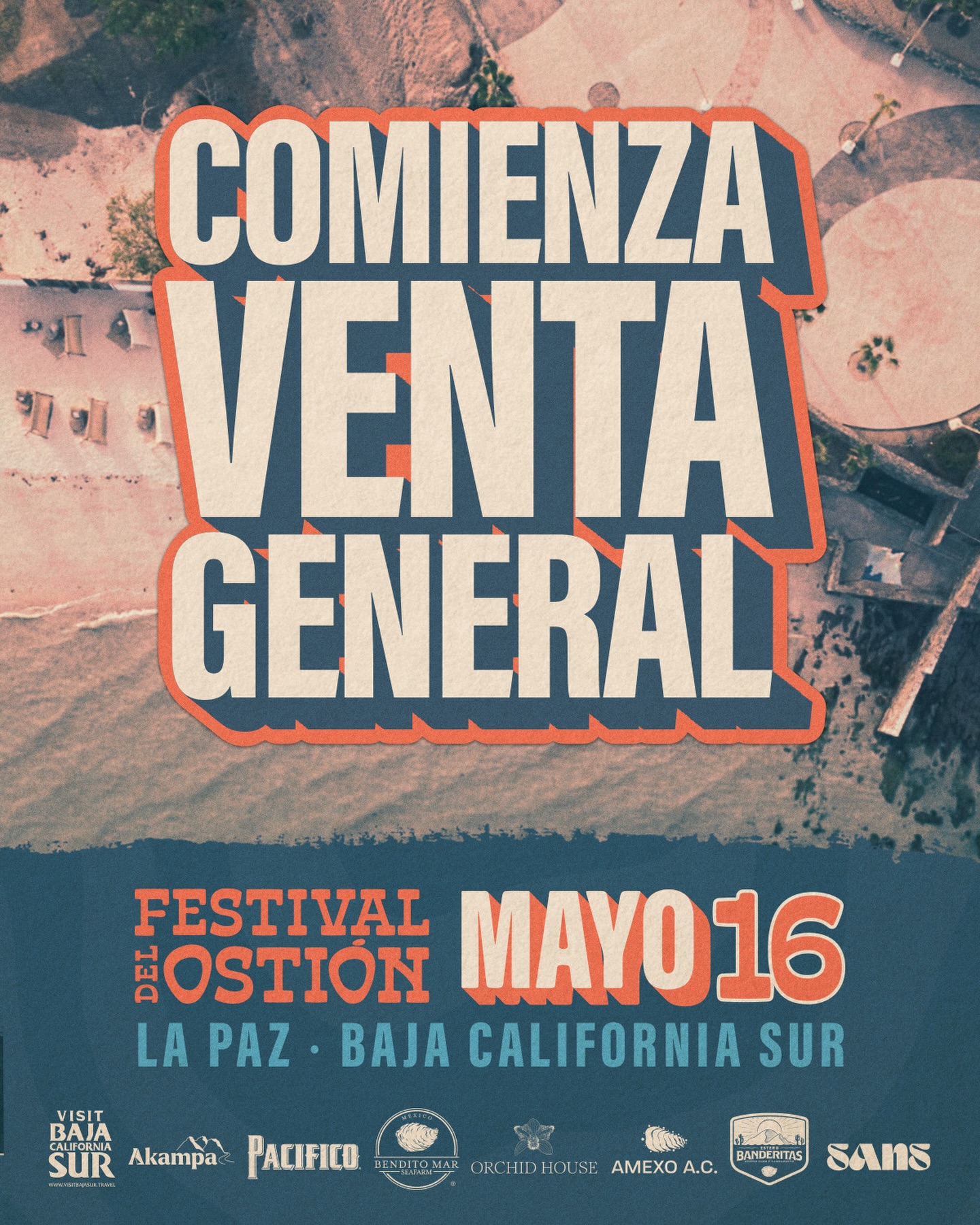 Poster for a festival reads 'Comienza Venta General' with date 'Mayo 16' and logos along the bottom.