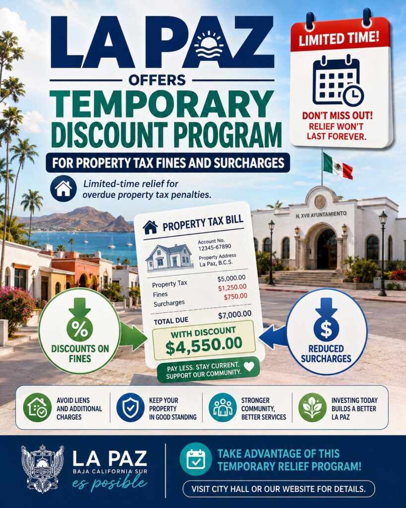 Infographic announcing La Paz's temporary discount program for property tax fines and surcharges.