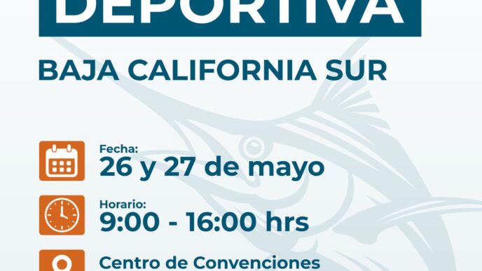 Poster for Foro Pesca Deportiva Baja California Sur announcing dates May 26–27 at the Centro de Convenciones with free admission.