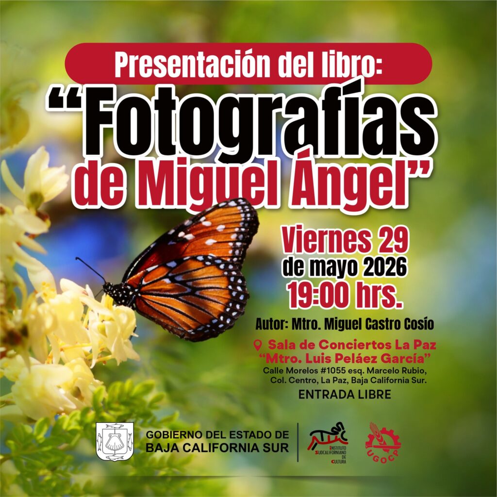 Poster promoting a book: 'Presentación del libro: Fotografías de Miguel Ángel' with a monarch butterfly on yellow flowers as background