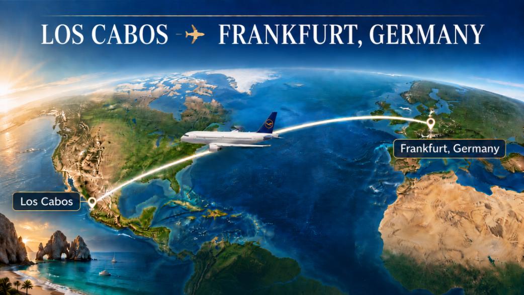 Illustrated world map showing a flight path from Los Cabos, Mexico to Frankfurt, Germany, with a white airplane midflight and labeled points 'Los Cabos' and 'Frankfurt, Germany'