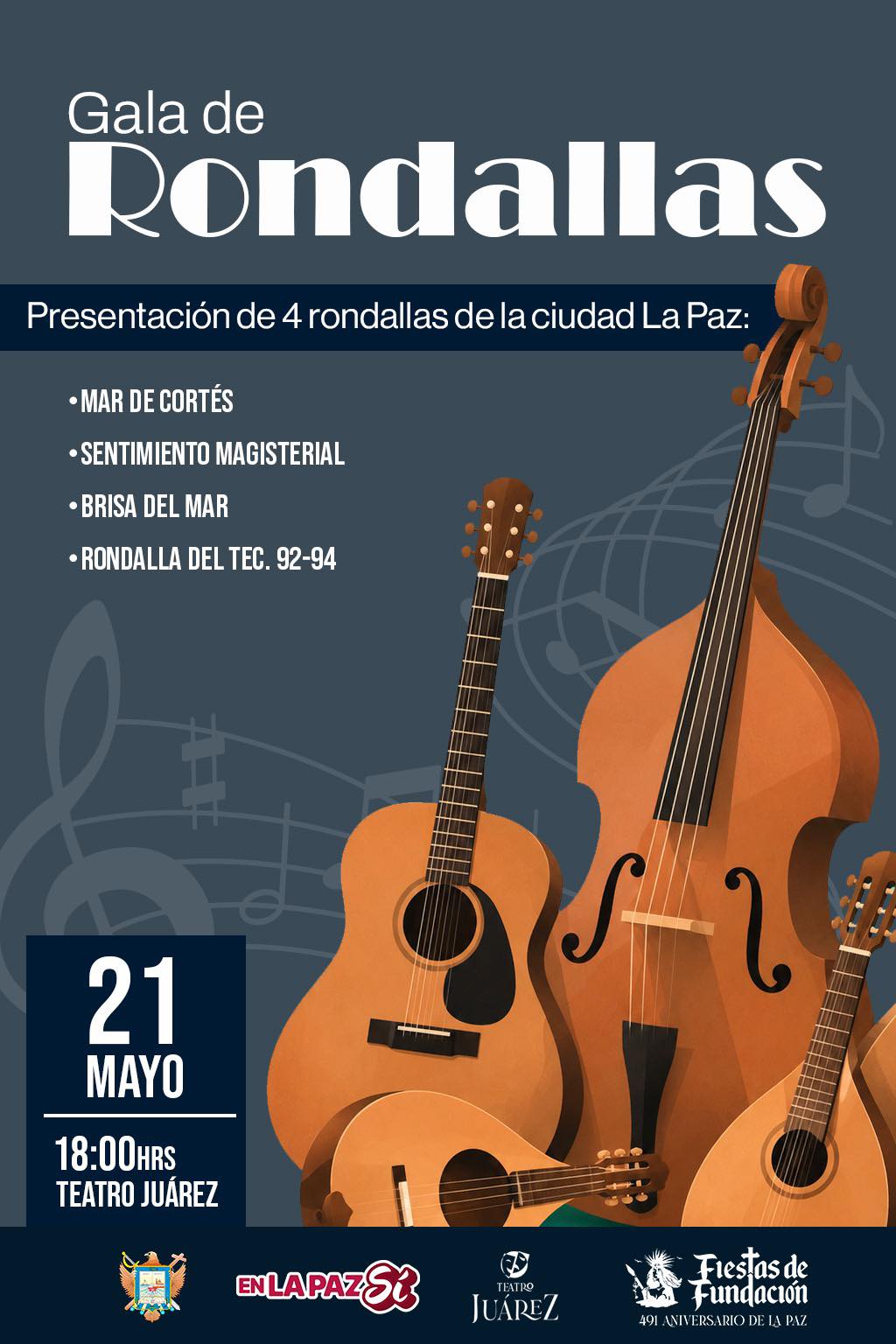 Poster for Gala de Rondallas with multiple guitars; event details: May 21, 18:00, Teatro Juárez, La Paz rondallas.
