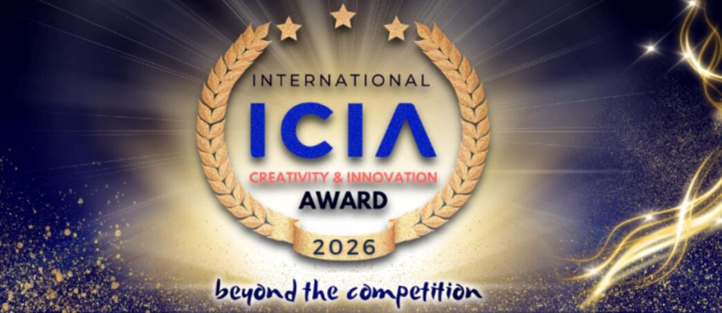 ICIA - Gringo Gazette Gold laurel wreath surrounding a blue 'ICIA' logo with 'Award 2026' and red 'Creativity & Innovation' text; radiant background and 'beyond the competition' banner at the bottom.