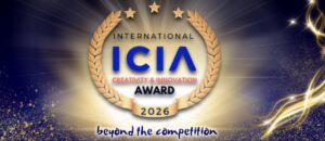 Gold laurel wreath surrounding a blue 'ICIA' logo with 'Award 2026' and red 'Creativity & Innovation' text; radiant background and 'beyond the competition' banner at the bottom.
