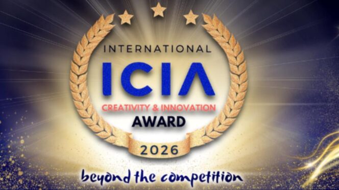Gold laurel wreath surrounding a blue 'ICIA' logo with 'Award 2026' and red 'Creativity & Innovation' text; radiant background and 'beyond the competition' banner at the bottom.