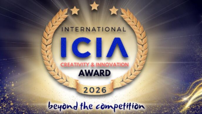 Gold laurel wreath surrounding a blue 'ICIA' logo with 'Award 2026' and red 'Creativity & Innovation' text; radiant background and 'beyond the competition' banner at the bottom.