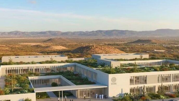 Modern white campus-style buildings with rooftop gardens in a desert landscape, hills in the distance, people walking outside.