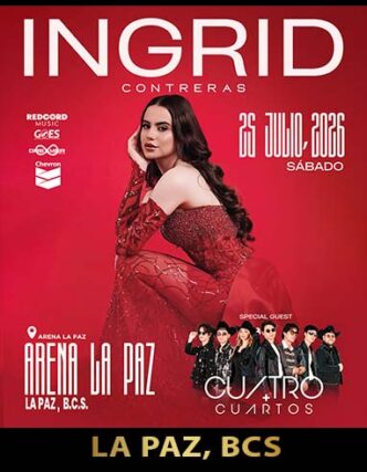 Concert poster for Ingrid Contreras on June 26, 2026 at Arena La Paz, La Paz, with guests Cuatro Cuartos.