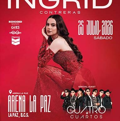 Concert poster for Ingrid Contreras on June 26, 2026 at Arena La Paz, La Paz, with guests Cuatro Cuartos.